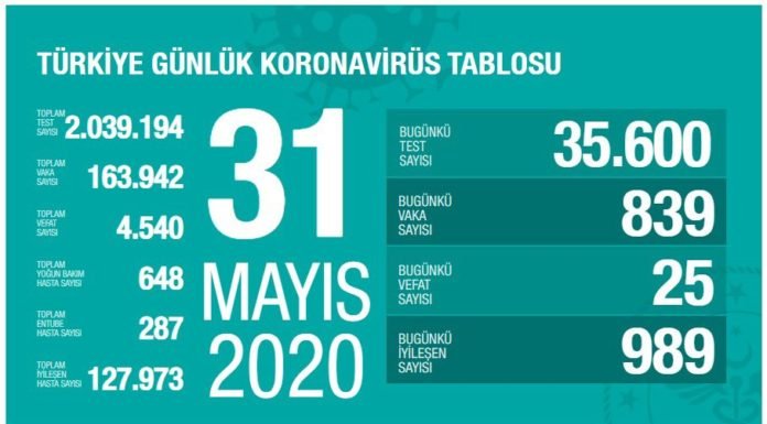 Corona Türkiye Tablosu Güncellemeye Devam Ediyor, 31 Mayıs 2020 korona tablosu 31 mayis