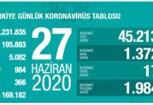 Corona Türkiye Tablosu Güncellemeye Devam Ediyor, 27 Haziran 2020 covid_19 turkiye tablosu