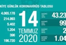 Corona Türkiye Tablosu Güncellemeye Devam Ediyor, 14 Temmuz 2020 covid_19 turkiye tablosu