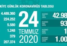 Corona Türkiye Tablosu Güncellemeye Devam Ediyor, 24 Temmuz 2020 covid_19 turkiye tablosu
