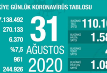 Corona Türkiye Tablosu Güncellemeye Devam Ediyor, 31 Ağustos 2020