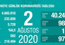 Corona Türkiye Tablosu Güncellemeye Devam Ediyor, 02 Ağustos 2020 covid_19 turkiye tablosu