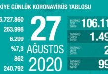 Corona Türkiye Tablosu Güncellemeye Devam Ediyor, 27 Ağustos 2020 covid_19 turkiye tablosu