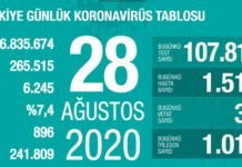 Corona Türkiye Tablosu Güncellemeye Devam Ediyor, 28 Ağustos 2020 covid_19 turkiye tablosu
