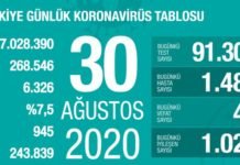 Corona Türkiye Tablosu Güncellemeye Devam Ediyor, 30 Ağustos 2020 covid_19 turkiye tablosu