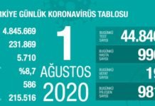 Corona Türkiye Tablosu Güncellemeye Devam Ediyor, 01 Ağustos 2020 covid_19 turkiye tablosu
