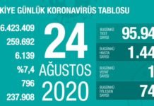 Corona Türkiye Tablosu Güncellemeye Devam Ediyor, 24 Ağustos 2020 covid_19 turkiye tablosu