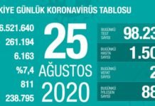 Corona Türkiye Tablosu Güncellemeye Devam Ediyor, 25 Ağustos 2020 covid_19 turkiye tablosu