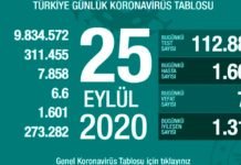 Corona Türkiye Tablosu Güncellemeye Devam Ediyor, 25 Eylül 2020