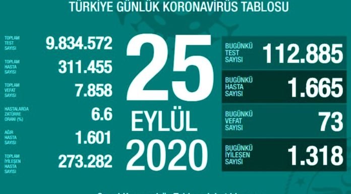 Corona Türkiye Tablosu Güncellemeye Devam Ediyor, 25 Eylül 2020