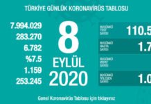 Corona Türkiye Tablosu Güncellemeye Devam Ediyor, 8 Eylül 2020