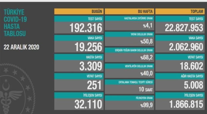 Corona Türkiye Tablosu Güncellemeye Devam Ediyor, 22 Aralık 2020